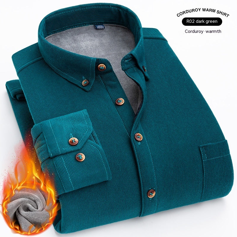 Thermal Shirt Men's Fleece-lined Thick Solid Color Corduroy Thermal Shirt Autumn And Winter