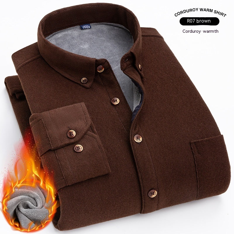 Thermal Shirt Men's Fleece-lined Thick Solid Color Corduroy Thermal Shirt Autumn And Winter