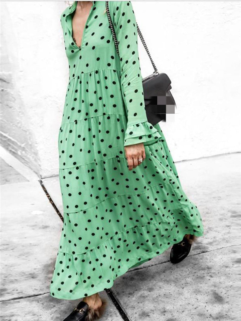 Long Skirt Polka-dot Deep V-neck Dress With Big Swing