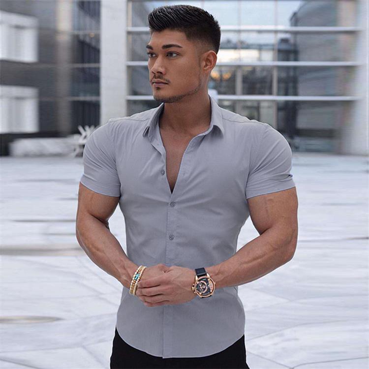 Muscular Man Stretch Shirt With Stand-up Collar And Short Sleeves