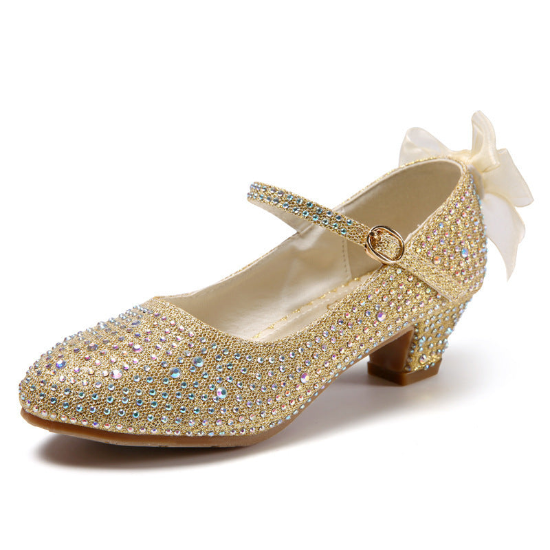 Girls' Leather Shoes Autumn New Bright Diamond High Heeled Shoes Performance Dance Flower Children Silver Medium And Large Children's High Heeled Shoes