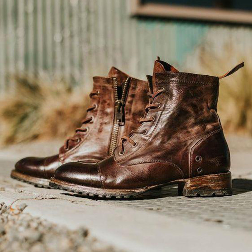 Round Head Retro Lace Up Casual Fashion Thick Heel Men's Boots