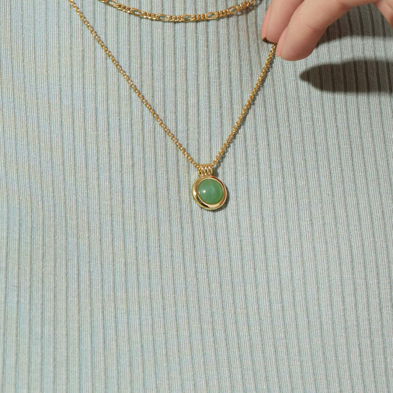 Simple Natural Stone Gem Semi-precious Stone Double Layer Necklace Green Aventurine Figaro Titanium Steel