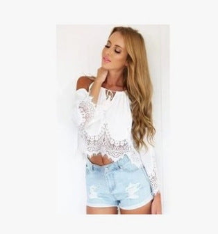 A large number of stock 2021ebay AliExpress explosion models sexy lace chiffon stitching off-shoulder top
