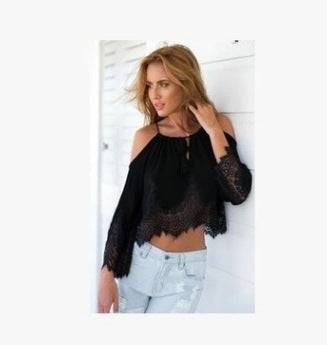 A large number of stock 2021ebay AliExpress explosion models sexy lace chiffon stitching off-shoulder top