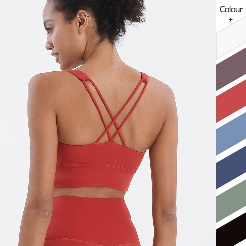 Sujetador deportivo con tiras cruzadas flacas para mujer, a prueba de golpes, ropa interior Push Up, ropa interior con relleno desnudo, gimnasio, Yoga, sujetador, ropa deportiva