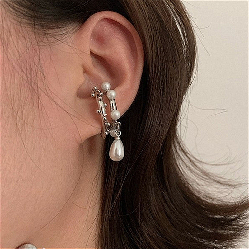 Clip de oreja de perla de gota de agua de dos piezas plateado S925