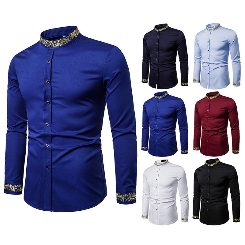 Camisa blanca bordada dorada a estrenar con cuello de soporte para hombre camisas de vestir Casual ajustada manga larga Chemise Homme Camisa Masculina