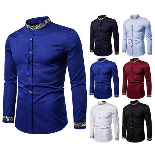 Camisa blanca bordada dorada a estrenar con cuello de soporte para hombre camisas de vestir Casual ajustada manga larga Chemise Homme Camisa Masculina