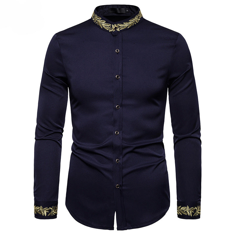 Camisa blanca bordada dorada a estrenar con cuello de soporte para hombre camisas de vestir Casual ajustada manga larga Chemise Homme Camisa Masculina