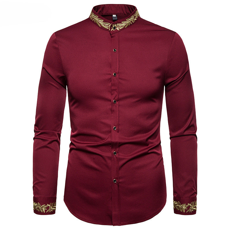Camisa blanca bordada dorada a estrenar con cuello de soporte para hombre camisas de vestir Casual ajustada manga larga Chemise Homme Camisa Masculina