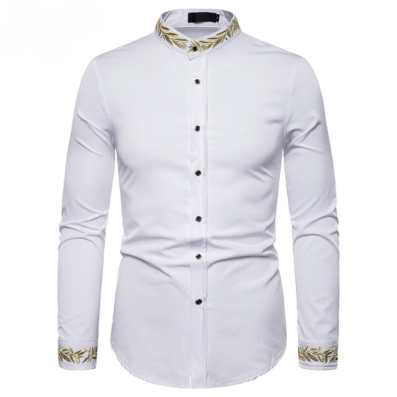 Camisa blanca bordada dorada a estrenar con cuello de soporte para hombre camisas de vestir Casual ajustada manga larga Chemise Homme Camisa Masculina