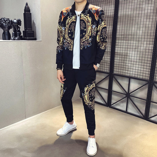 Chaqueta deportiva de 2 piezas de otoño para Hombre traje de chándal de pantalón con estampado de oro 2020 ropa deportiva para Hombre