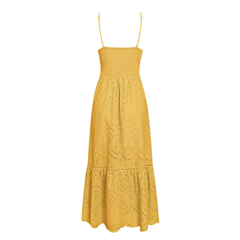 Summer New Style Hot Sale Solid Color Suspender Skirt Button Ruffled Slim Vacation Leisure Dress