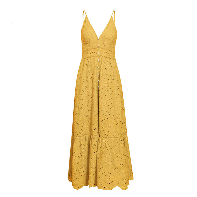 Summer New Style Hot Sale Solid Color Suspender Skirt Button Ruffled Slim Vacation Leisure Dress