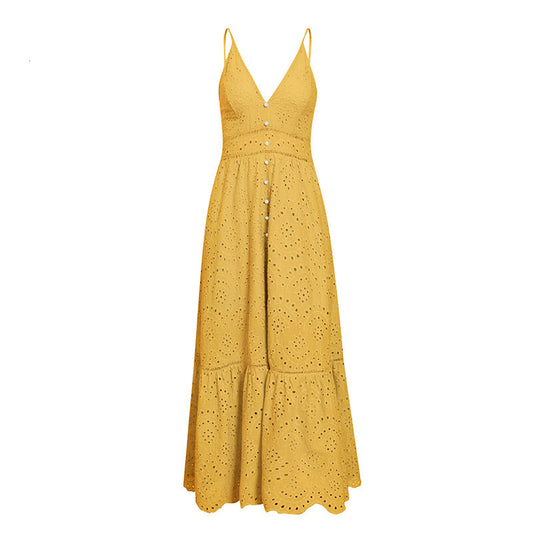 Summer New Style Hot Sale Solid Color Suspender Skirt Button Ruffled Slim Vacation Leisure Dress