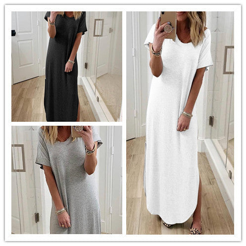 European And American New Amazon Aliexpress Hot Style Women'S Solid Color Hem Irregular Round Neck Dress