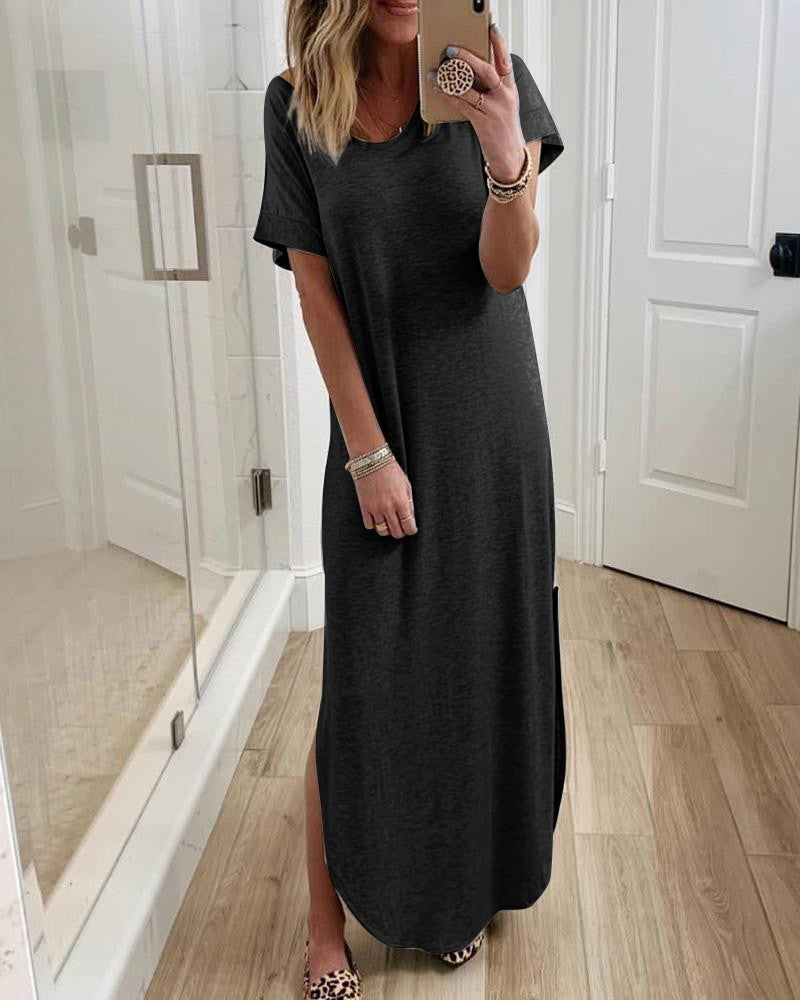 European And American New Amazon Aliexpress Hot Style Women'S Solid Color Hem Irregular Round Neck Dress