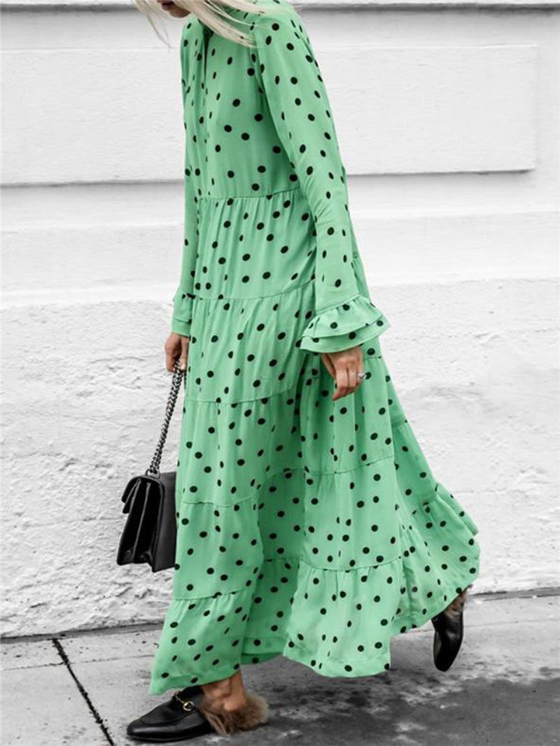 Long Skirt Polka-dot Deep V-neck Dress With Big Swing