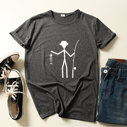 Printed Man Short Sleeve Funny Fisherman Stick Man Holding Fish Bone