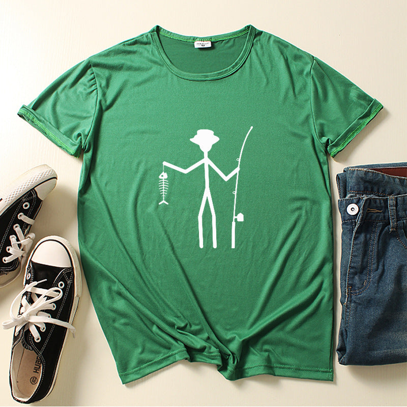 Printed Man Short Sleeve Funny Fisherman Stick Man Holding Fish Bone