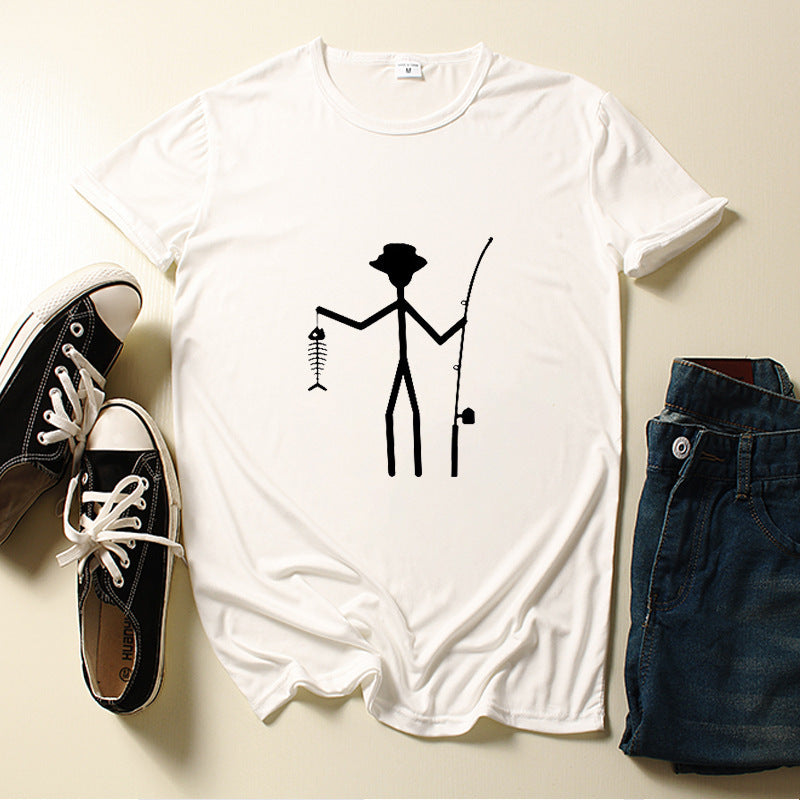 Printed Man Short Sleeve Funny Fisherman Stick Man Holding Fish Bone