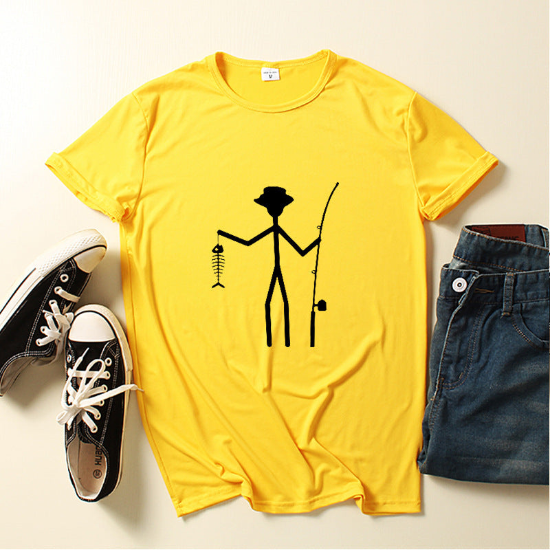 Printed Man Short Sleeve Funny Fisherman Stick Man Holding Fish Bone