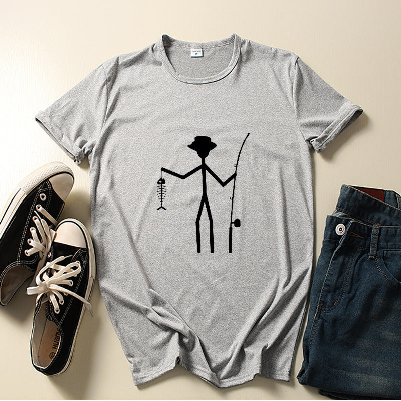 Printed Man Short Sleeve Funny Fisherman Stick Man Holding Fish Bone