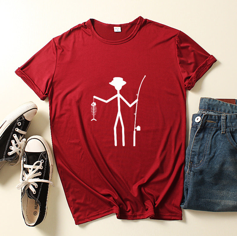 Printed Man Short Sleeve Funny Fisherman Stick Man Holding Fish Bone