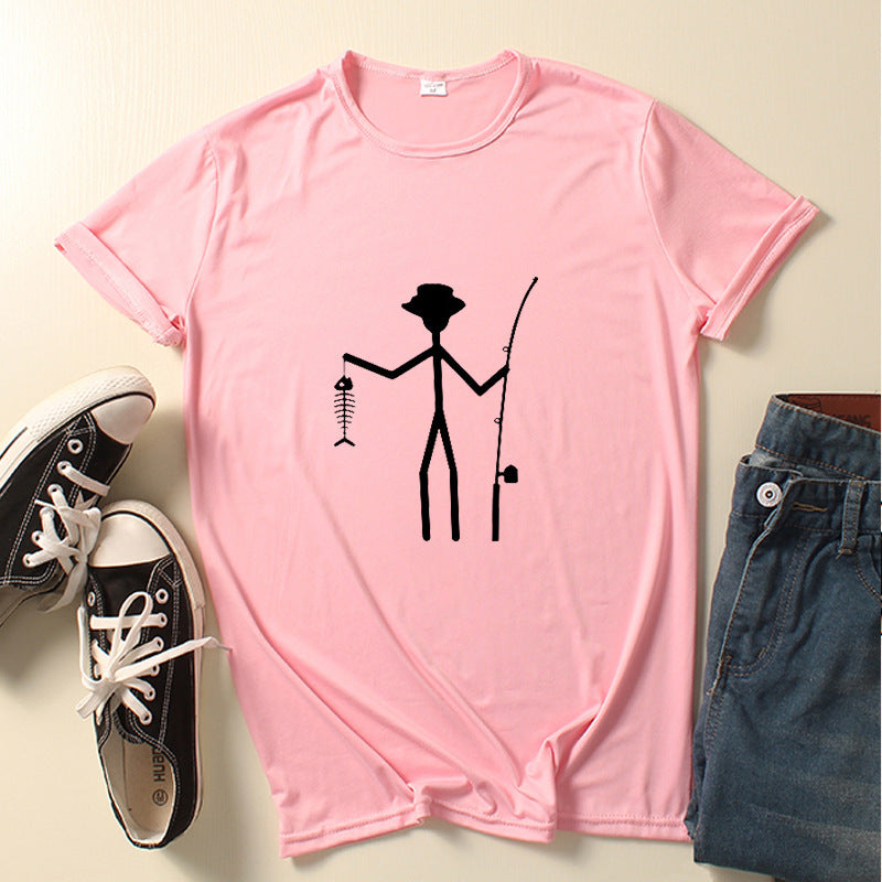 Printed Man Short Sleeve Funny Fisherman Stick Man Holding Fish Bone