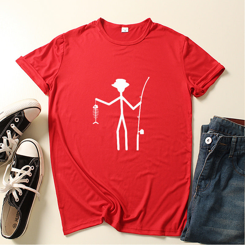 Printed Man Short Sleeve Funny Fisherman Stick Man Holding Fish Bone