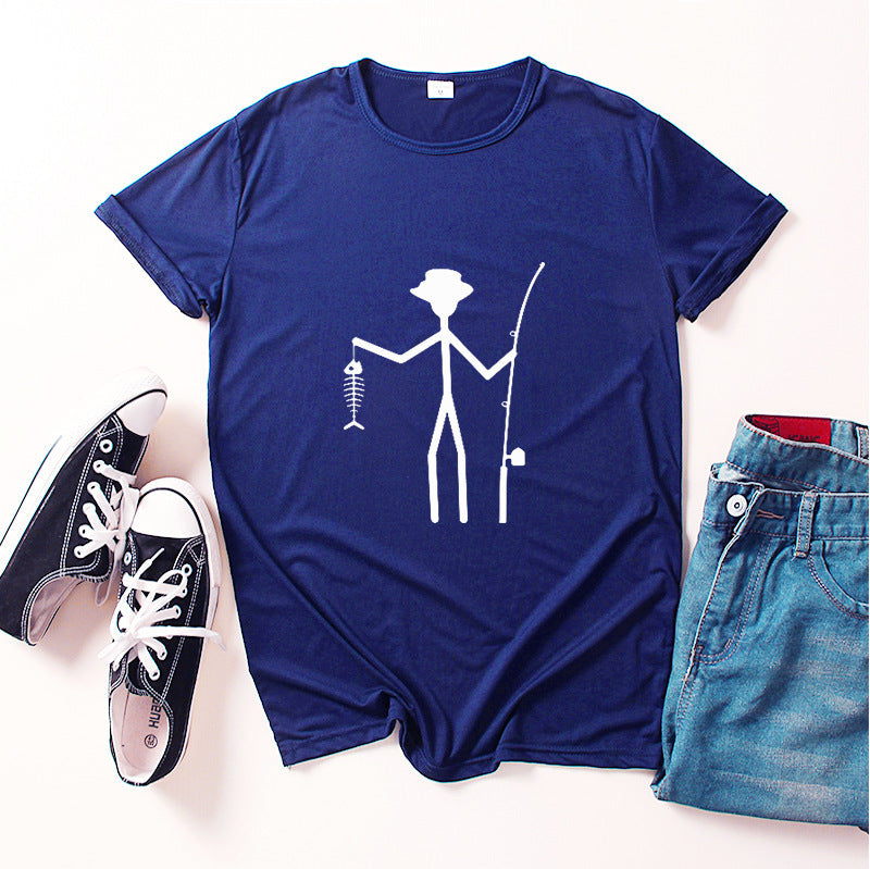 Printed Man Short Sleeve Funny Fisherman Stick Man Holding Fish Bone