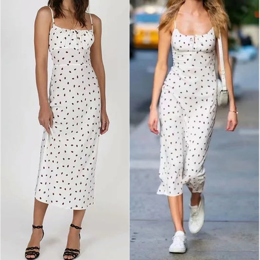 Women's strawberries printed suspender long dress