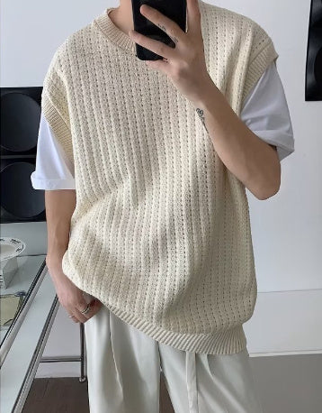 Vintage American Hollow-out Design Jk Sweater Vest Man Knitted Bottoming Shirt