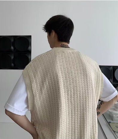 Vintage American Hollow-out Design Jk Sweater Vest Man Knitted Bottoming Shirt