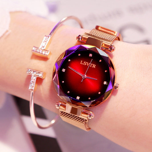Relojes de oro rosa para mujer, reloj de pulsera de mujer resistente al agua, con diamantes, cielo estrellado y imán
