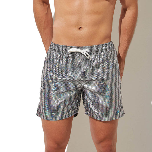 Men's Shiny Printed Loose Beach Drawstring Leisure Shorts