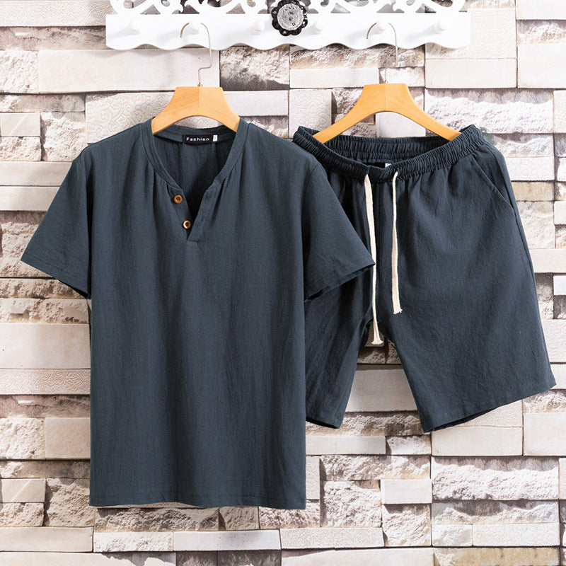 Cotton Linen Linen Solid Color Men's T-Shirt Two-Piece Set