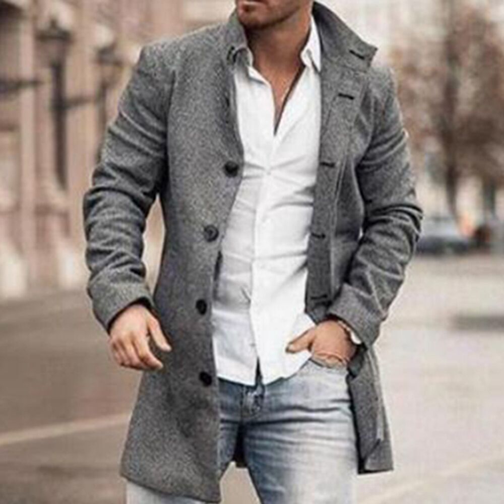 Woolen Stand Collar Medium Length Slotted Casual Coat