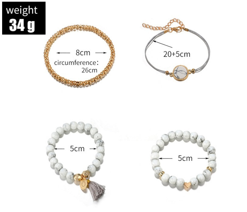 Pulsera de cuatro piezas geométrica creativa con flecos de piedra de pino