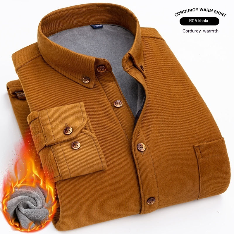Thermal Shirt Men's Fleece-lined Thick Solid Color Corduroy Thermal Shirt Autumn And Winter