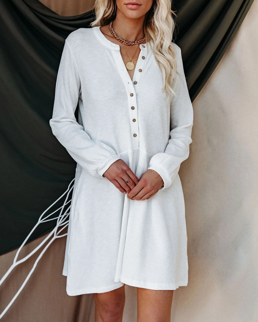 Explosive Style Solid Color V-neck Long-sleeved Button Casual Dress Women's Clothing