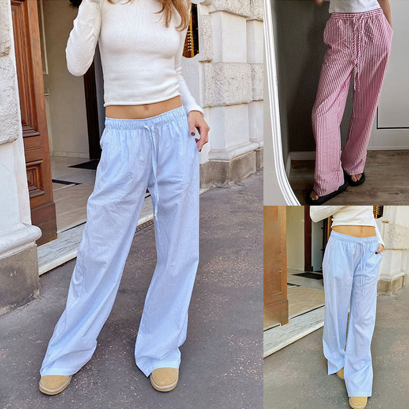 Striped Printed Elastic Waist Drawstring Pocket Straight Casual Trousers