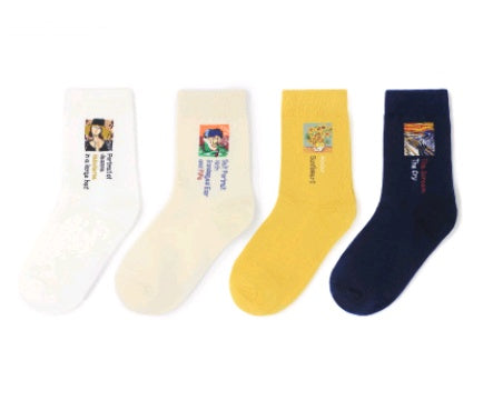 Autumn and winter retro socks personality English oil painting series in the tube socks literary abstract ladies cotton socks