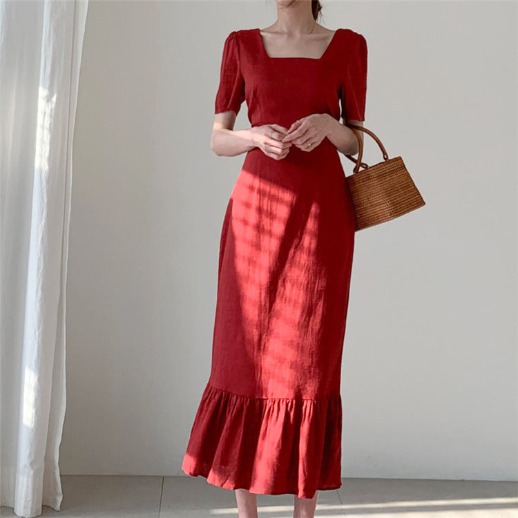 Temperamento volantes sirena falda delgada cintura vestido