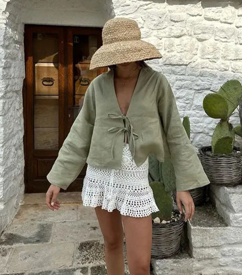 Women's Deep V Bell Sleeve Tied Top