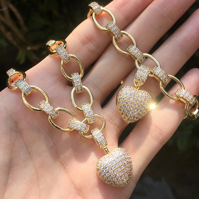 Conjunto de collar y pulsera con Micro incrustaciones en forma de corazón