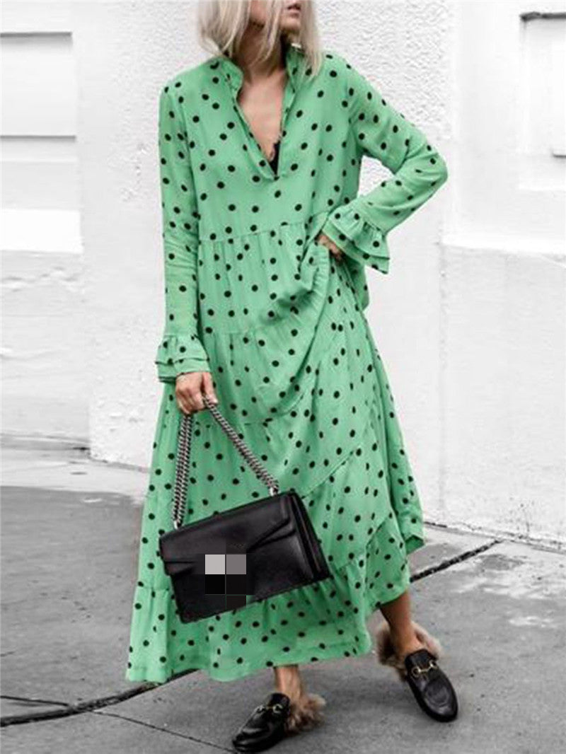 Long Skirt Polka-dot Deep V-neck Dress With Big Swing