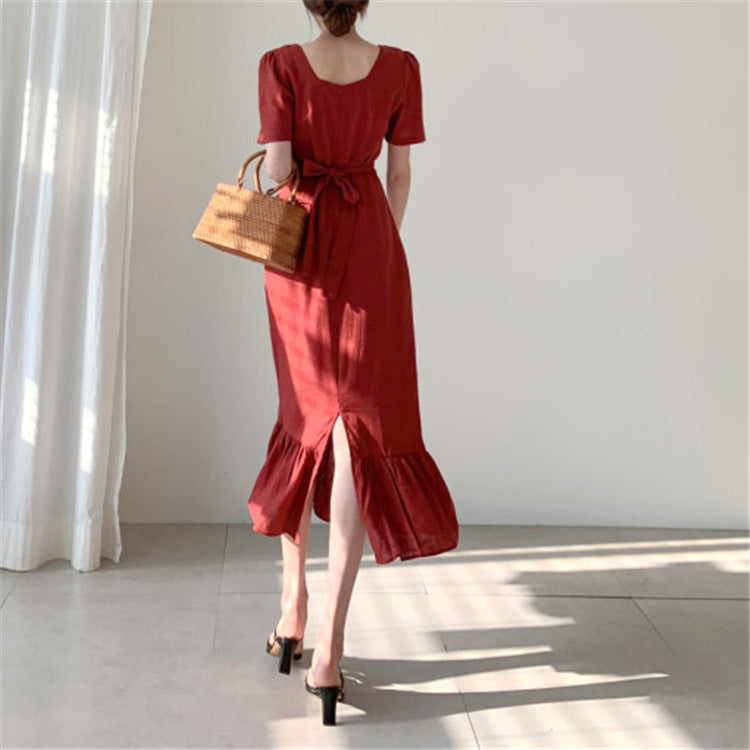 Temperamento volantes sirena falda delgada cintura vestido