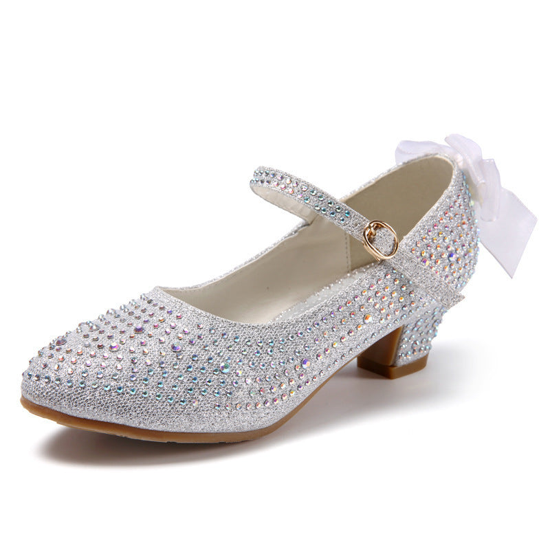 Girls' Leather Shoes Autumn New Bright Diamond High Heeled Shoes Performance Dance Flower Children Silver Medium And Large Children's High Heeled Shoes